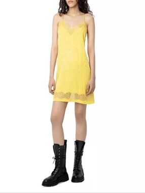 Zadig & Voltaire Yellow Lace Trim Slip Style Mini Silk Dress